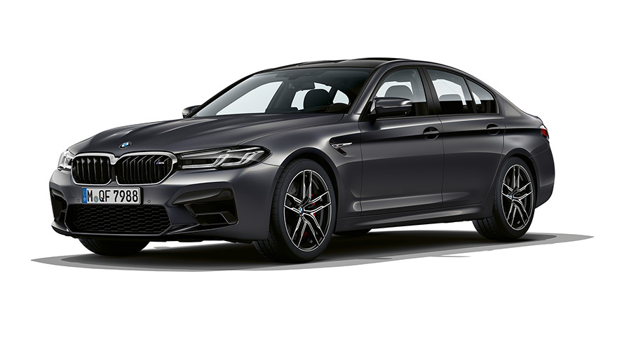 BMW M5 F90 LCI Facelift 2020 Brands Hatch Grey metallic three-quarter front view